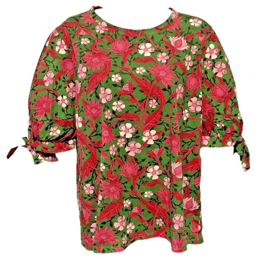Zara Women's L Floral Balloon Puff Tie Sleeve Tee Top Blouse Green Pink Floral